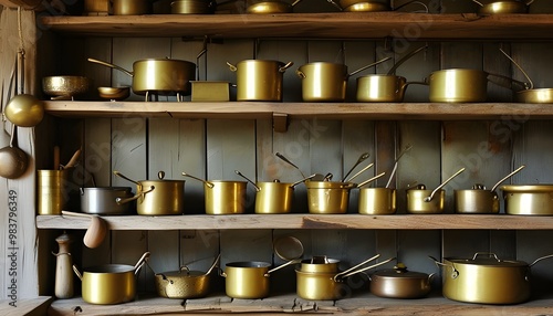 Rustic kitchen shelf showcasing brass utensils, embodying traditional culinary artistry infused with golden warmth