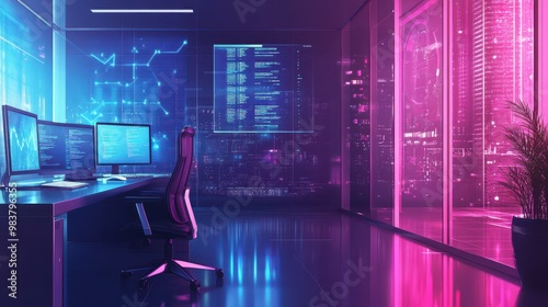 Futuristic Tech Office with Glowing Displays and Neon Lighting