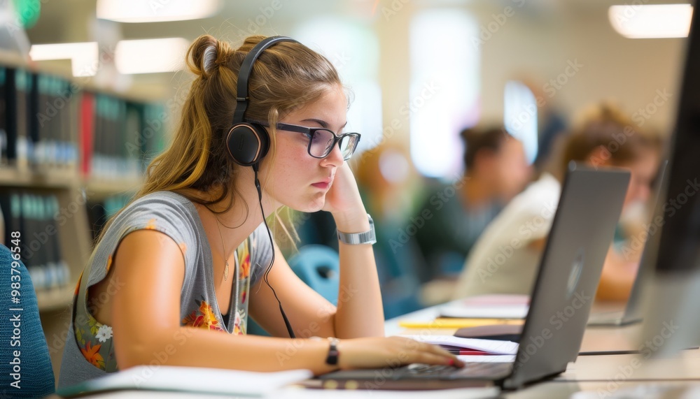 Young Woman Student Studying with Laptop in Library Young Woman Student Studying with Laptop in Library