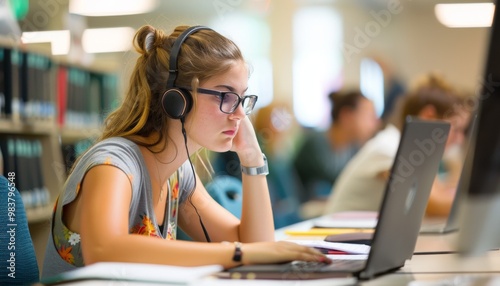 Young Woman Student Studying with Laptop in Library