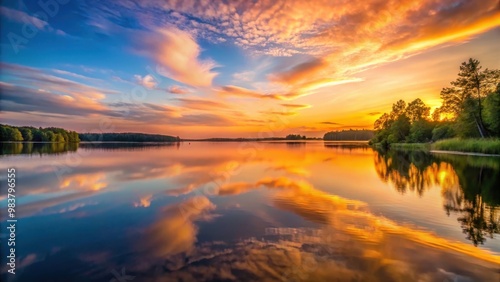 Tranquil lakeside view at sunset with calm waters reflecting warm colors of the sky, serene, lakeside, sunset