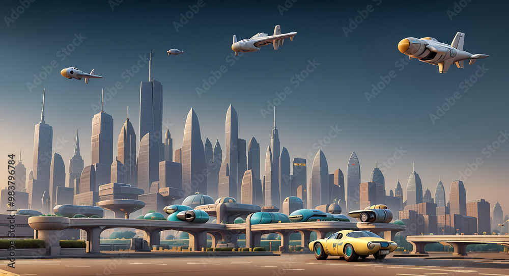 A retro-futuristic city skyline with flying cars and old-school architecture, mixing vintage and futuristic elements for a unique mobile wallpaper A retro-futuristic city skyline with flying cars and old-school architecture, mixing vintage and futuristic elements for a unique mobile wallpaper