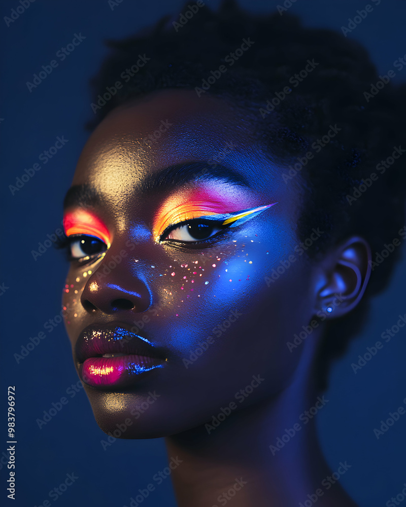 A striking portrait featuring vibrant makeup with bold colors, glowing highlights, and artistic designs set against a dark backdrop.