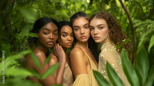 A vibrant portrait of four women in elegant attire, surrounded by lush green foliage, exuding beauty, diversity, and natural harmony.