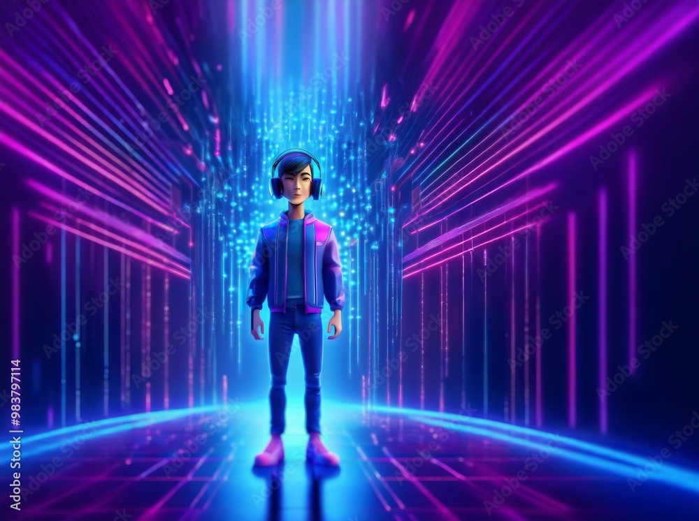 Fototapeta premium A 3D animated character, wearing headphones, stands on a glowing platform surrounded by neon lights.