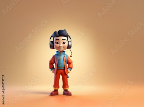 A young cartoon boy wearing red pants, a blue and red jacket, and headphones stands on a peach-colored background.