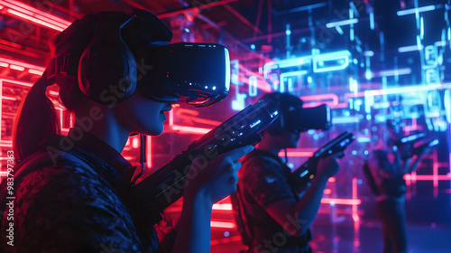 A group of people engaged in virtual reality gaming, equipped with headsets and futuristic gear in a neon-lit environment.
