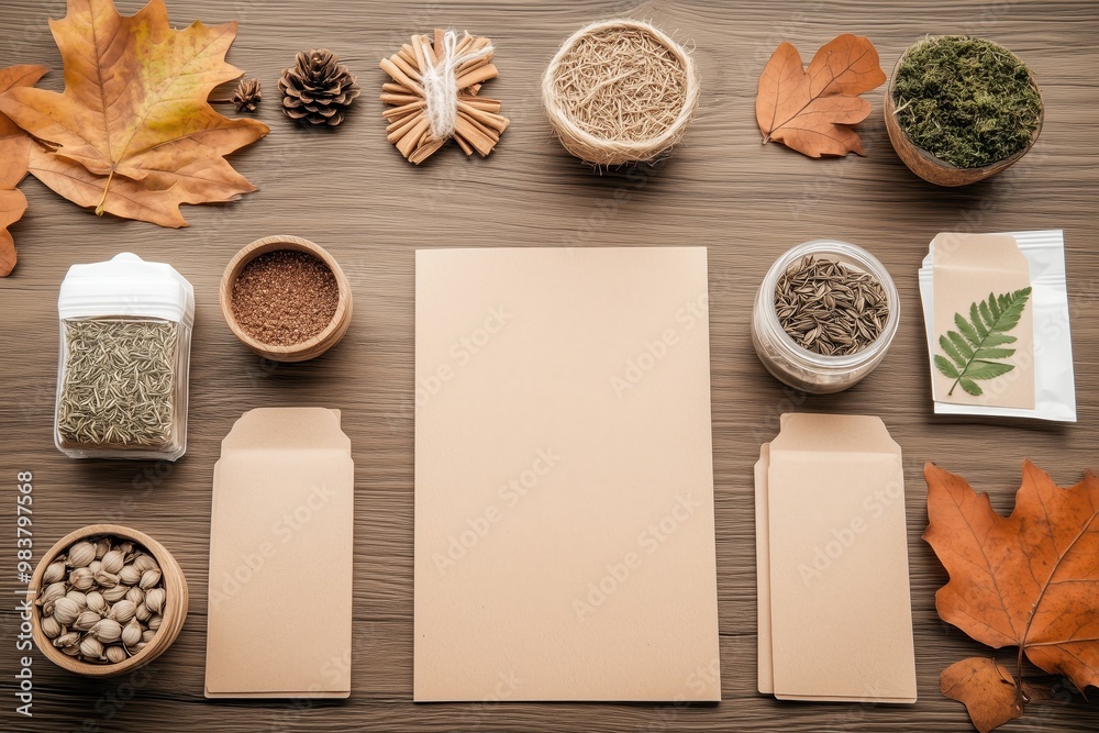 A flat lay of natural crafting materials including dried autumn leaves, seeds, cinnamon sticks, and herbs. Blank envelopes and paper are placed in the center, creating an eco-friendly DIY project work
