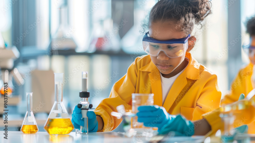 Young Girl Scientist Conducting Experiment in Lab Young Girl Scientist Conducting Experiment in Lab