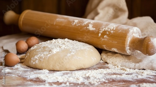 A classic kitchen scene featuring fresh dough and a wooden rolling pin, emphasizing the art of baking and culinary creativity, perfect for food-related designs, recipes, or cooking tutorials,