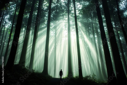 A lone figure walking through a dense, misty forest, with towering trees and soft rays of light filtering through the canopy