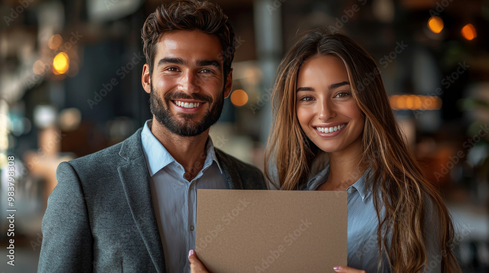 Smiling couple holding a blank sign. Smiling couple holding a blank sign.