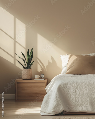 Minimalist bedroom with wooden nightstand and potted plant  warm neutral tones and natural light