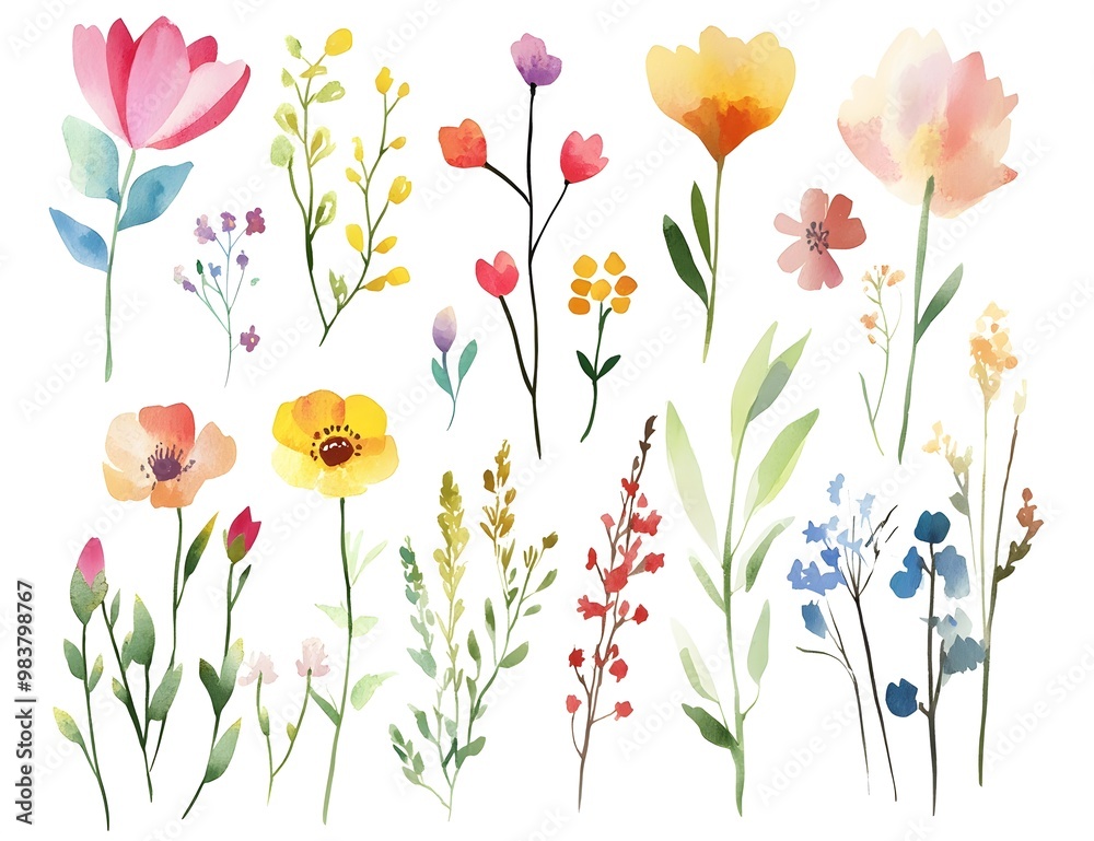 Watercolor flower clipart collection, simple flat design, white background, Watercolor flower clipart collection, simple flat design, white background,