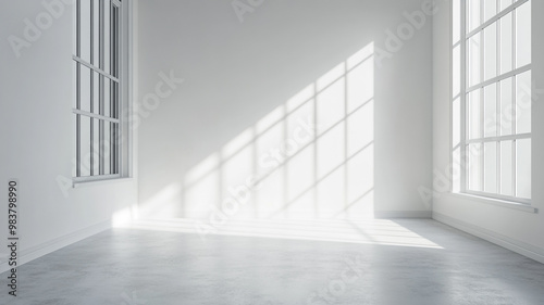 Sunlight streaming through large windows in a minimalist room during afternoon hours