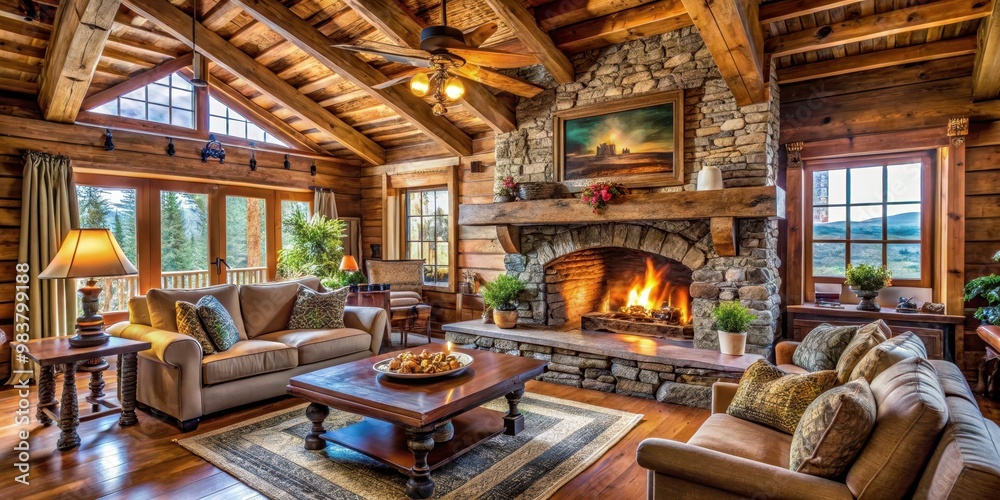 Cozy cabin living room featuring a stone fireplace and wooden beams, cabin, living room, cozy, fireplace, stone, wooden beams