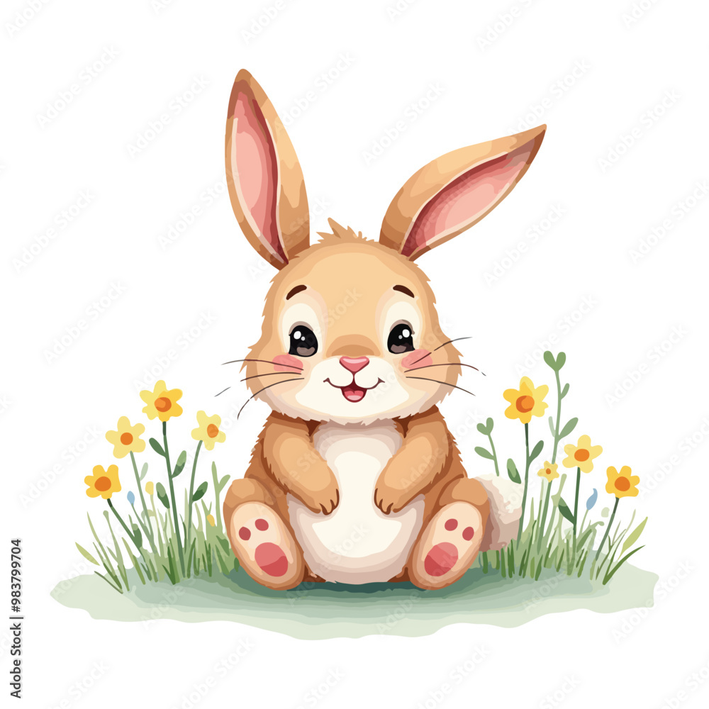 Obraz premium Cute Lovely Rabbit, Watercolor Painting Cartoon Vector Illustration, Good for T-shirt, Book Cover, Birthday Flyer, Poster, Invitation Design