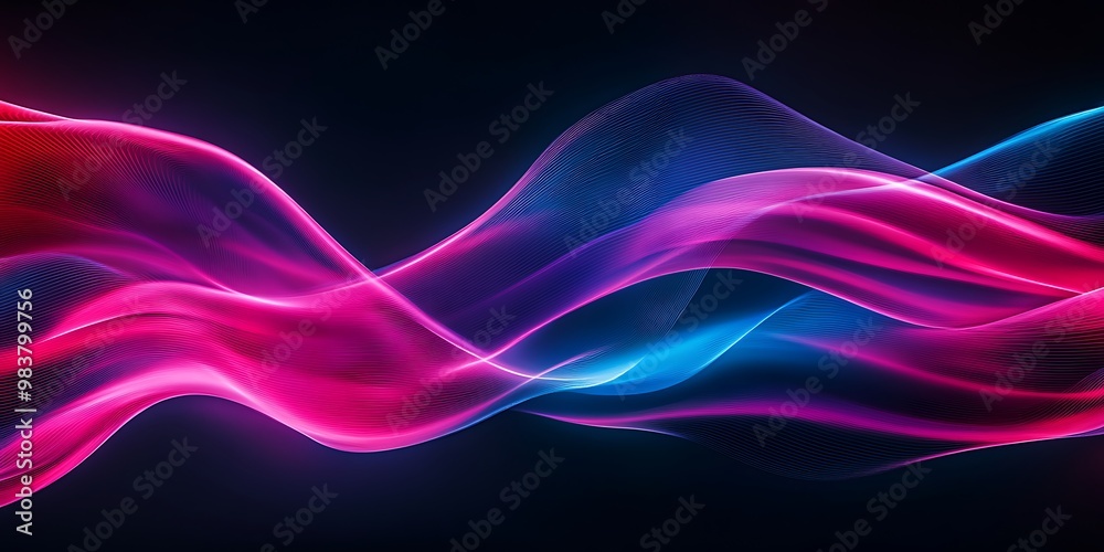 Fototapeta premium Neon light waves of purple and light blue rays with black background, abstract unique illustration wallpaper
