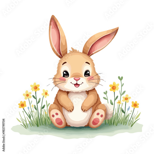 Cute Lovely Rabbit, Watercolor Painting Cartoon Vector Illustration, Good for T-shirt, Book Cover, Birthday Flyer, Poster, Invitation Design
