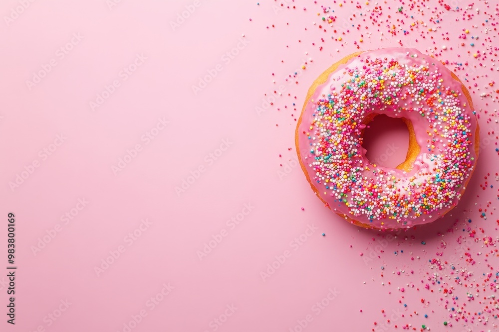 Pink Glazed Donut with Sprinkles on Pink Background Pink Glazed Donut with Sprinkles on Pink Background