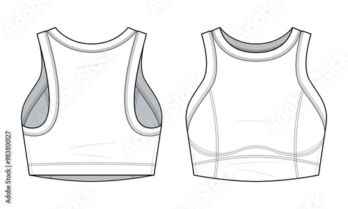 Yoga Tank top technical fashion illustration. Tank top vector template illustration. front and back view. Sportswear. Crop top. Ladies. white color. CAD mockup set.