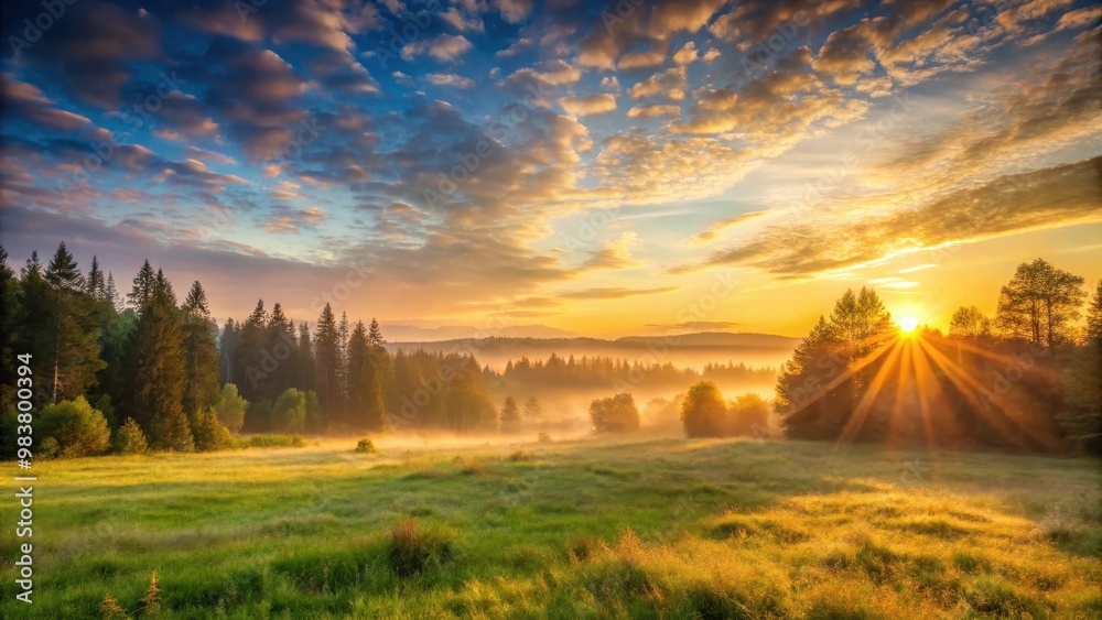 Obraz premium Landscape depicting sunrise over forest, meadow, and sun , sunrise, landscape, forest, meadow, sun, dawn, nature, morning