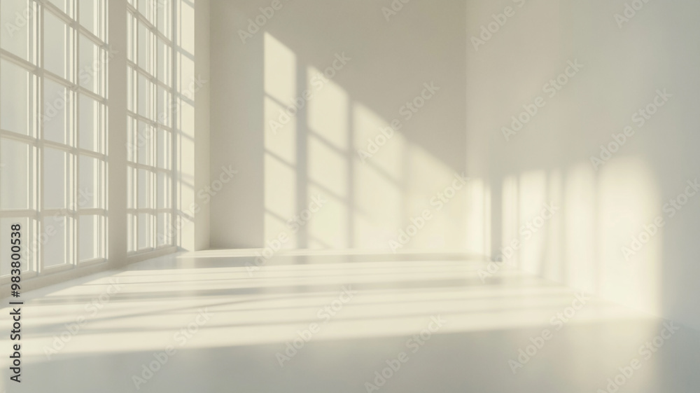Soft sunlight streaming through large windows in an empty, minimalistic room