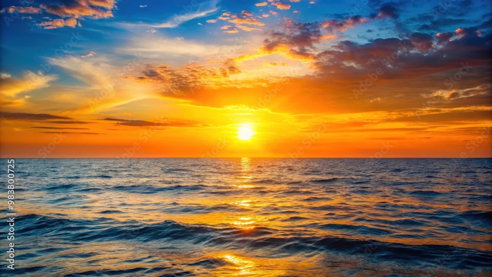 Fototapeta premium Sun setting on the horizon casting a warm glow over the ocean , sunset, horizon, sun, dusk, orange, sky, evening, nature