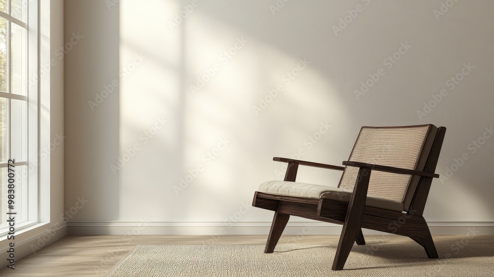 Elegant dark wooden accent chair against a light backdrop with empty space for captions. Minimalist and modern furniture design perfect for home decor, product mockups, or advertisement placements.