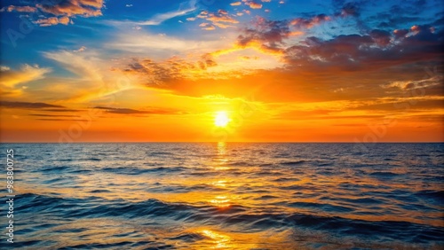 Sun setting on the horizon casting a warm glow over the ocean , sunset, horizon, sun, dusk, orange, sky, evening, nature