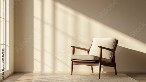 Elegant dark wooden accent chair against a light backdrop with empty space for captions. Minimalist and modern furniture design perfect for home decor  product mockups  or advertisement placements.