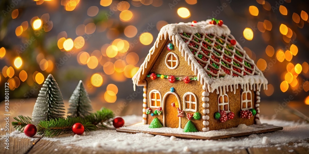 Gingerbread house adorned with Christmas decorations, gingerbread, house, Christmas, decorations, holiday, festive, icing, candy