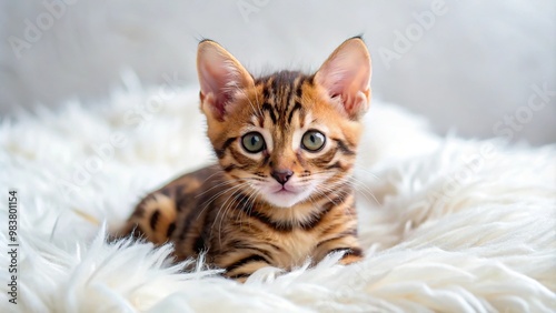 Adorable little bengal kitten reflecting on soft white blanket