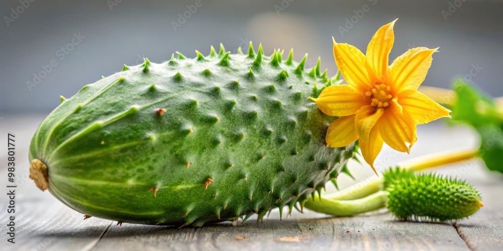 The cucumber's gentle curves and soft green hue are punctuated by tiny spikes and a fading flower, a The cucumber's gentle curves and soft green hue are punctuated by tiny spikes and a fading flower, a
