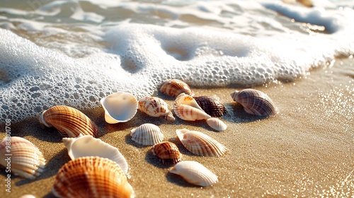 Close-up of seashells on sandy beach with foamy waves.