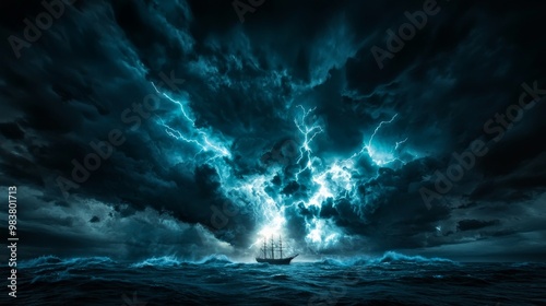 A massive lightning storm over the ocean, bolts illuminating the dark sky and crashing waves below, with a lone ship braving the tempestuous sea