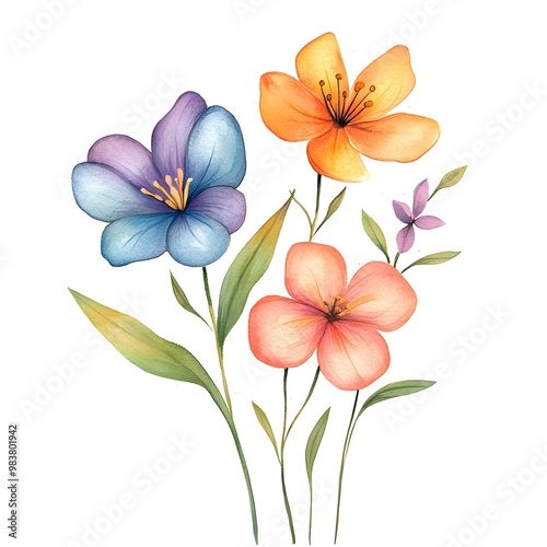 Watercolor spring flowers clipart, cute, simple, watercolors, with blue, pink, purple, orange, green, and yellow hues, isolated on a white background, 