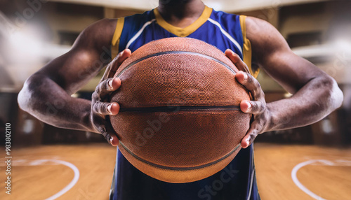 front view basketball player holding ball in indoor court photo