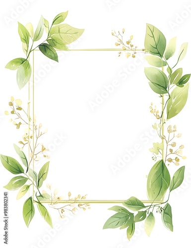 Watercolor green leaves and flowers around the edges square frame with a white background,  photo