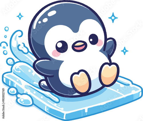 A vector of a small penguin happily sliding on a patch of ice 