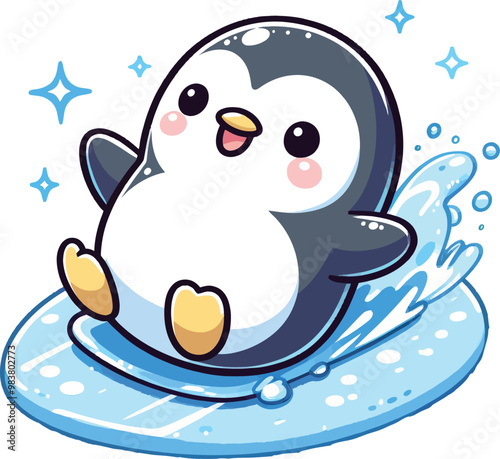 A vector of a small penguin happily sliding on a patch of ice 