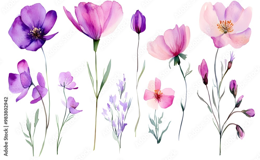 Watercolor wild flower clipart, pink and purple flowers on a white background, in different angles and poses. 
