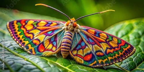 This beautiful close-up features a biston moth on a leaf, showcasing the delicate patterns and rich colors that photo