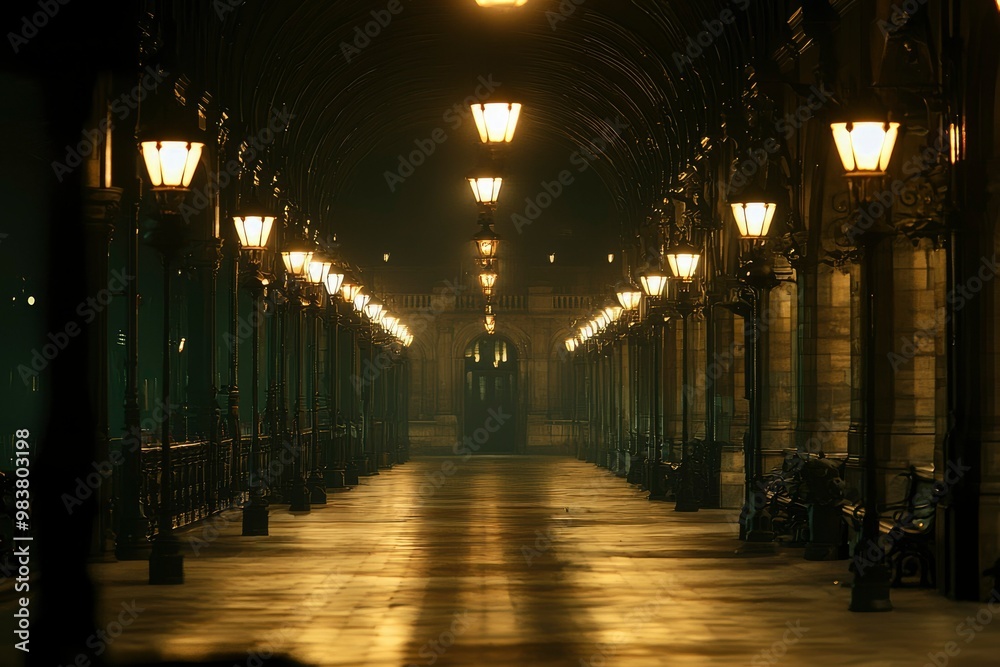 Nighttime View of a Lighted Arched Passageway with Lampposts Nighttime View of a Lighted Arched Passageway with Lampposts
