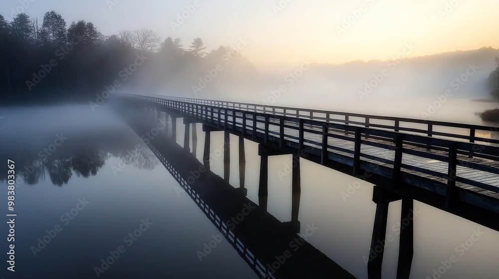 Obraz premium A mist-covered bridge stretching across a calm river, with soft morning light breaking through the fog