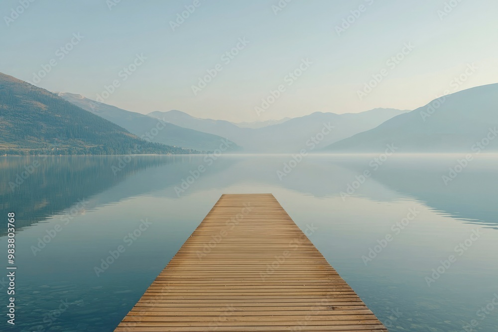 Wooden Dock Extending into a Misty Mountain Lake Wooden Dock Extending into a Misty Mountain Lake