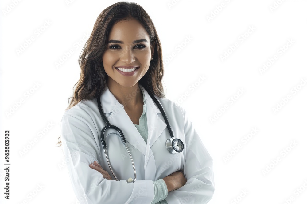 A professional image of a smiling female doctor dressed in a white lab coat A professional image of a smiling female doctor dressed in a white lab coat