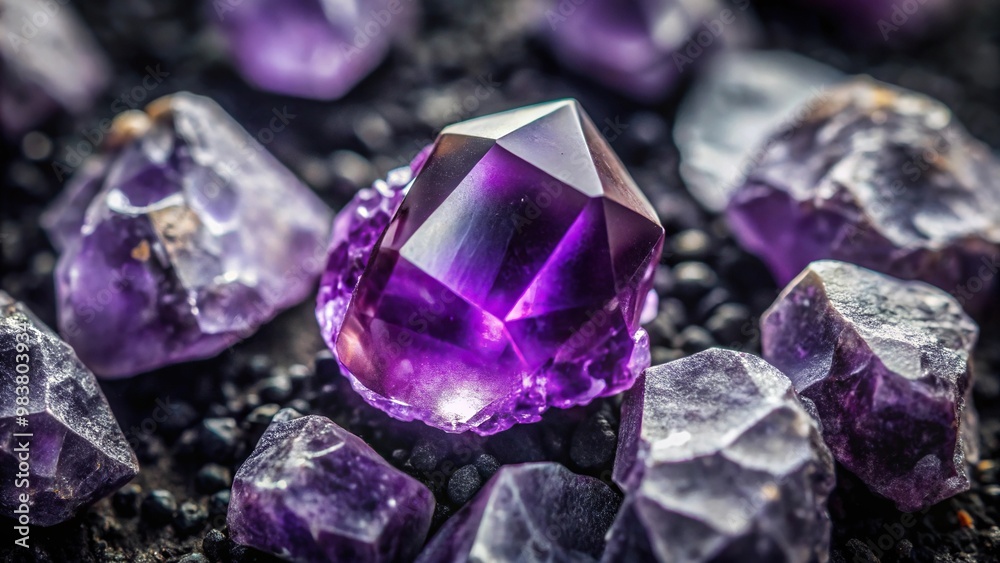 Aerial macro shot of amethyst mineral on calcite background Aerial macro shot of amethyst mineral on calcite background