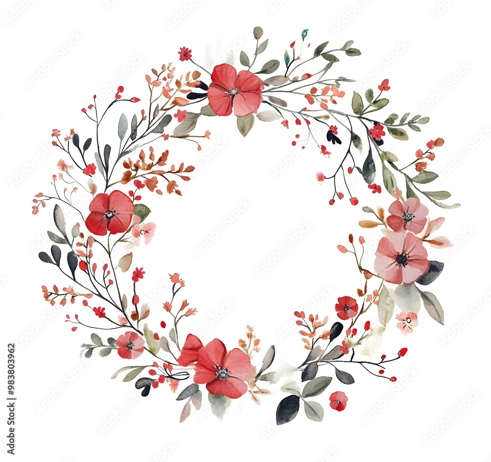 Naklejka premium Watercolor wildflower wreath red and light beige isolated on white background