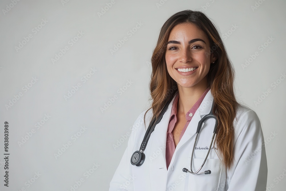 A professional image of a smiling female doctor dressed in a white lab coat A professional image of a smiling female doctor dressed in a white lab coat